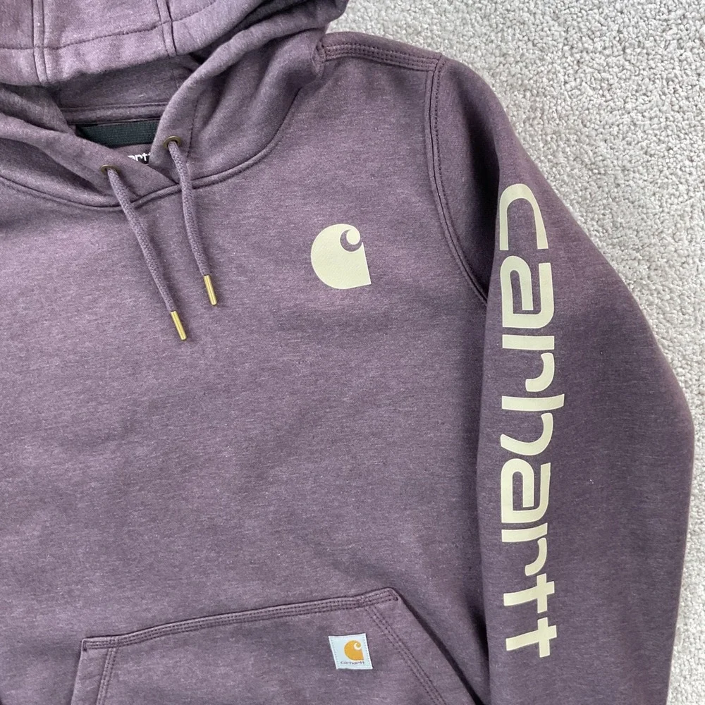Carhartt Womens Relaxed Fit Fleece Hoodie Plum Purple Graphic Sleeve Medium - Picture 2 of 7